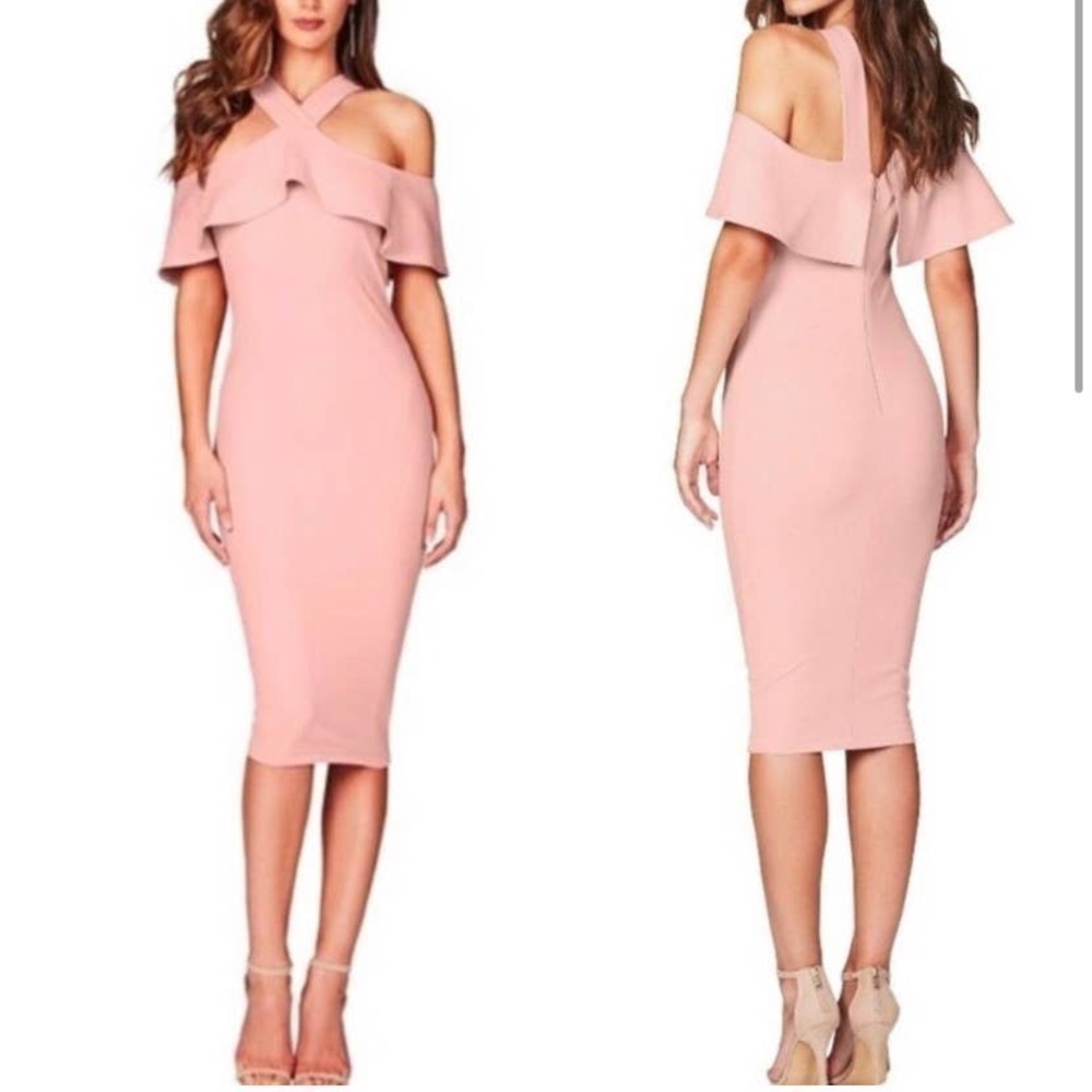 Nookie HERMOSA Off Shoulder Ruffle MIDI DRESS in Blush | NWT| SMALL